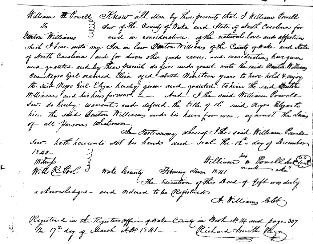 Image of deed of sale for Eliza, a young girl enslaved at Oak View