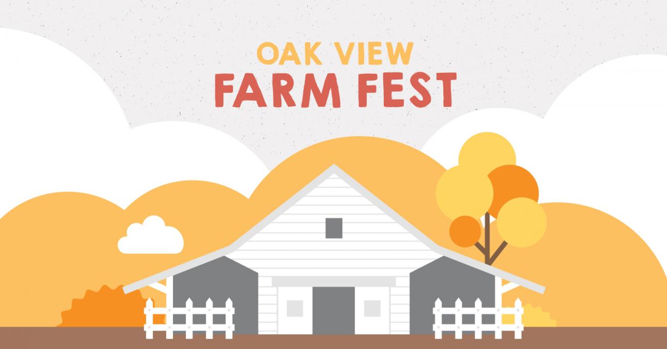 Graphic design advertising Oak View Farm Fest event with cartoon barn