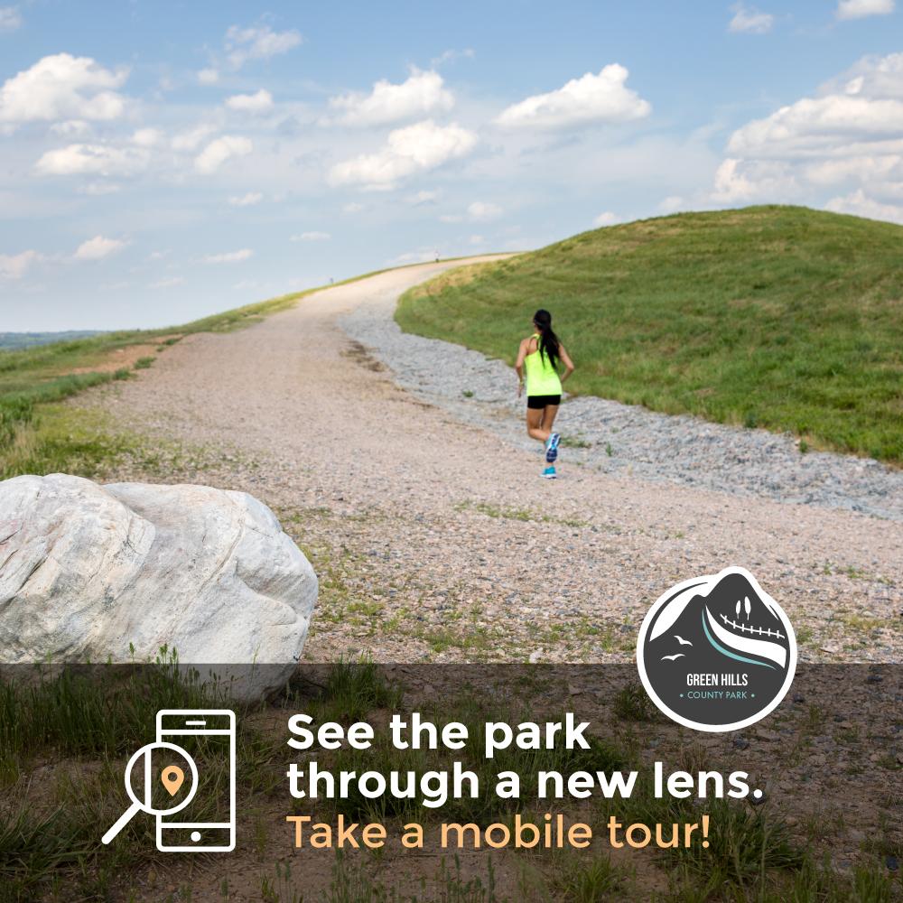 Story Map flyer depicting woman running up the gravel Top of Hill Trail.