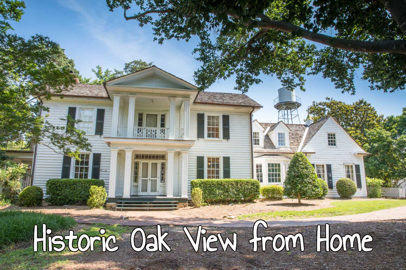 Front view of the main farmhouse with Historic Oak View From Home written on the photo