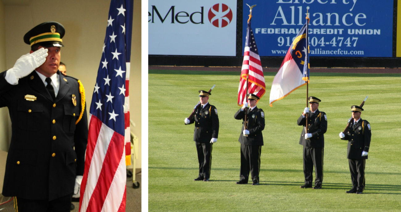 EMS honor guard member saluting American flag