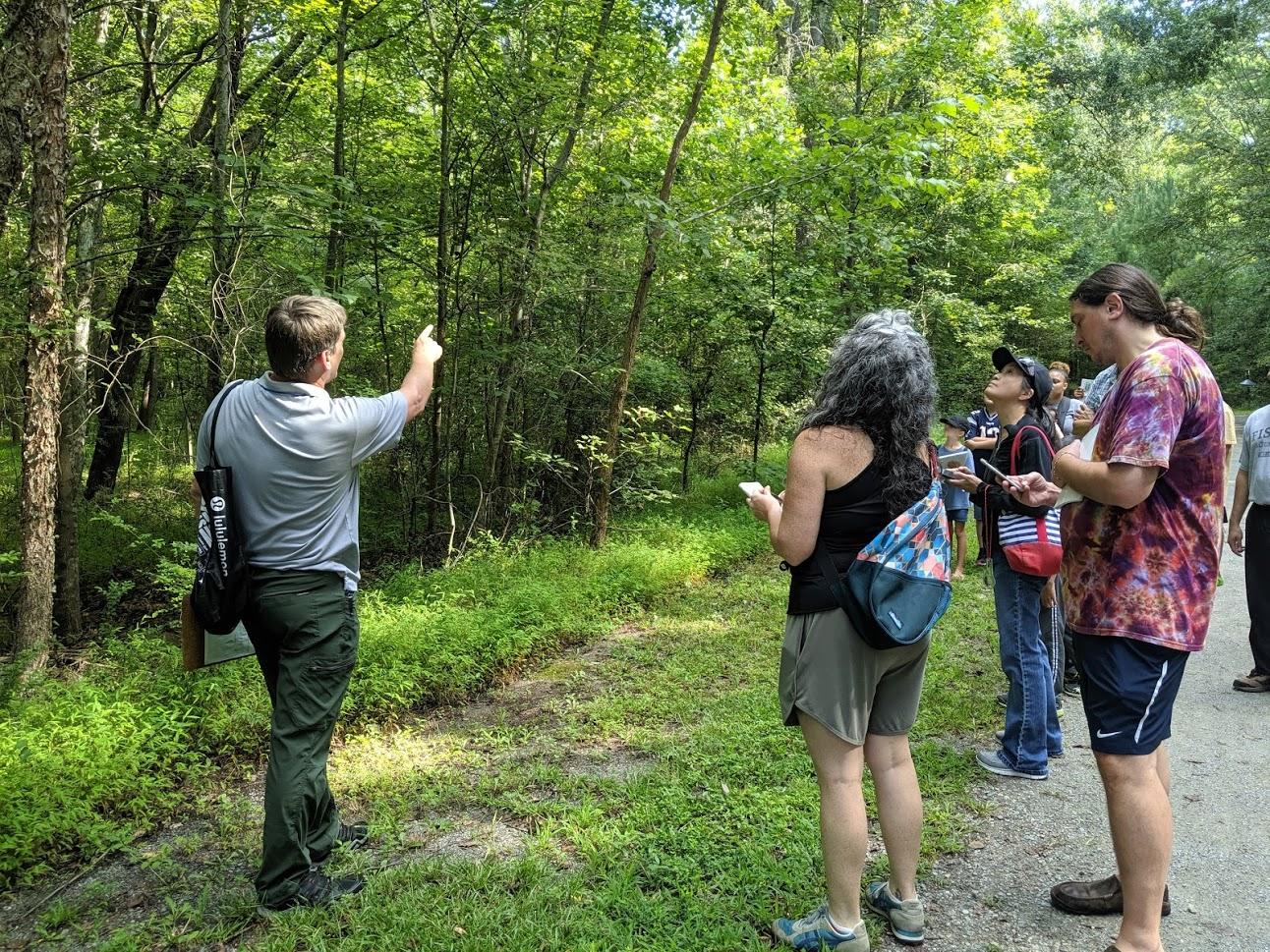 Photo of a volunteer educator leading a group of adults in a tree identification program