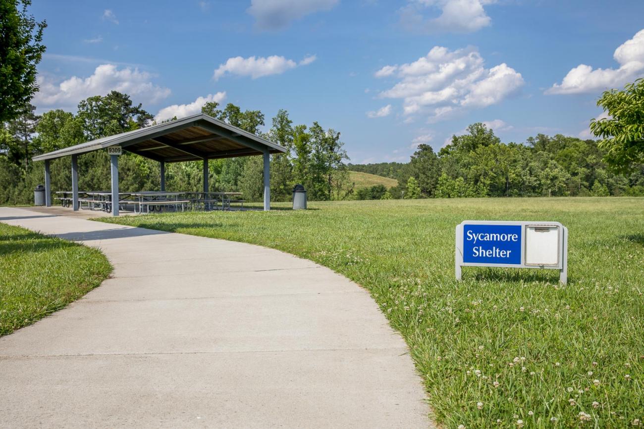 Paved path leading to the Sycamore Shelter and adjacent open play area