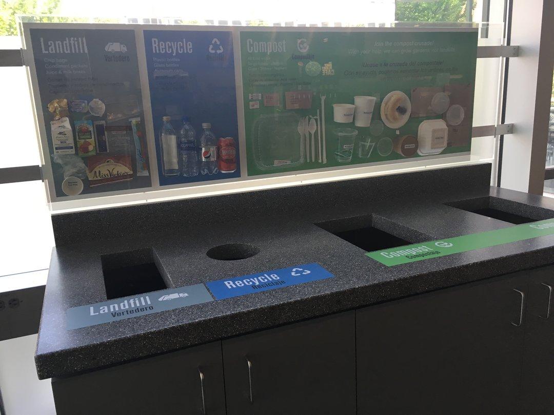 Display of waste items labeled landfill, compost, recycle.