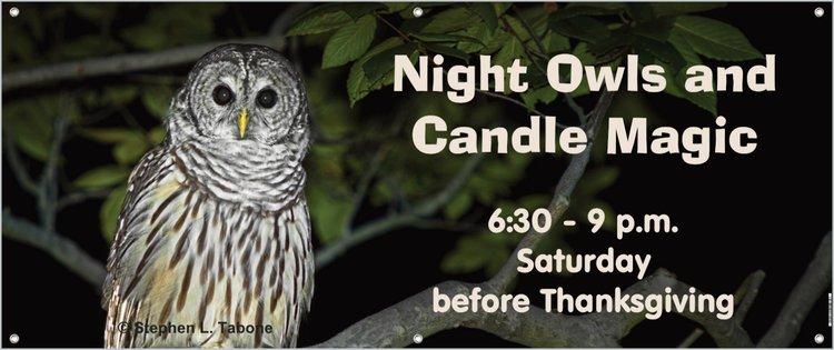 a banner with a picture of a barred owl advertising Night Owls and Candle Magic