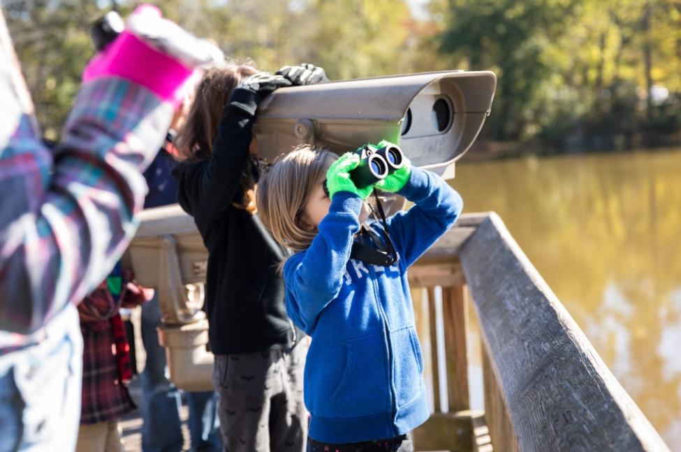 kid looks over pond boardwalk with binoculars