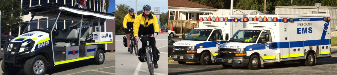 EMS golf cart, two paramedics on bikes, and two ambulances.