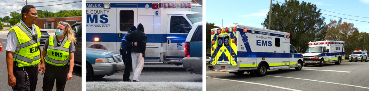 Paramedics talking in front of ambulances