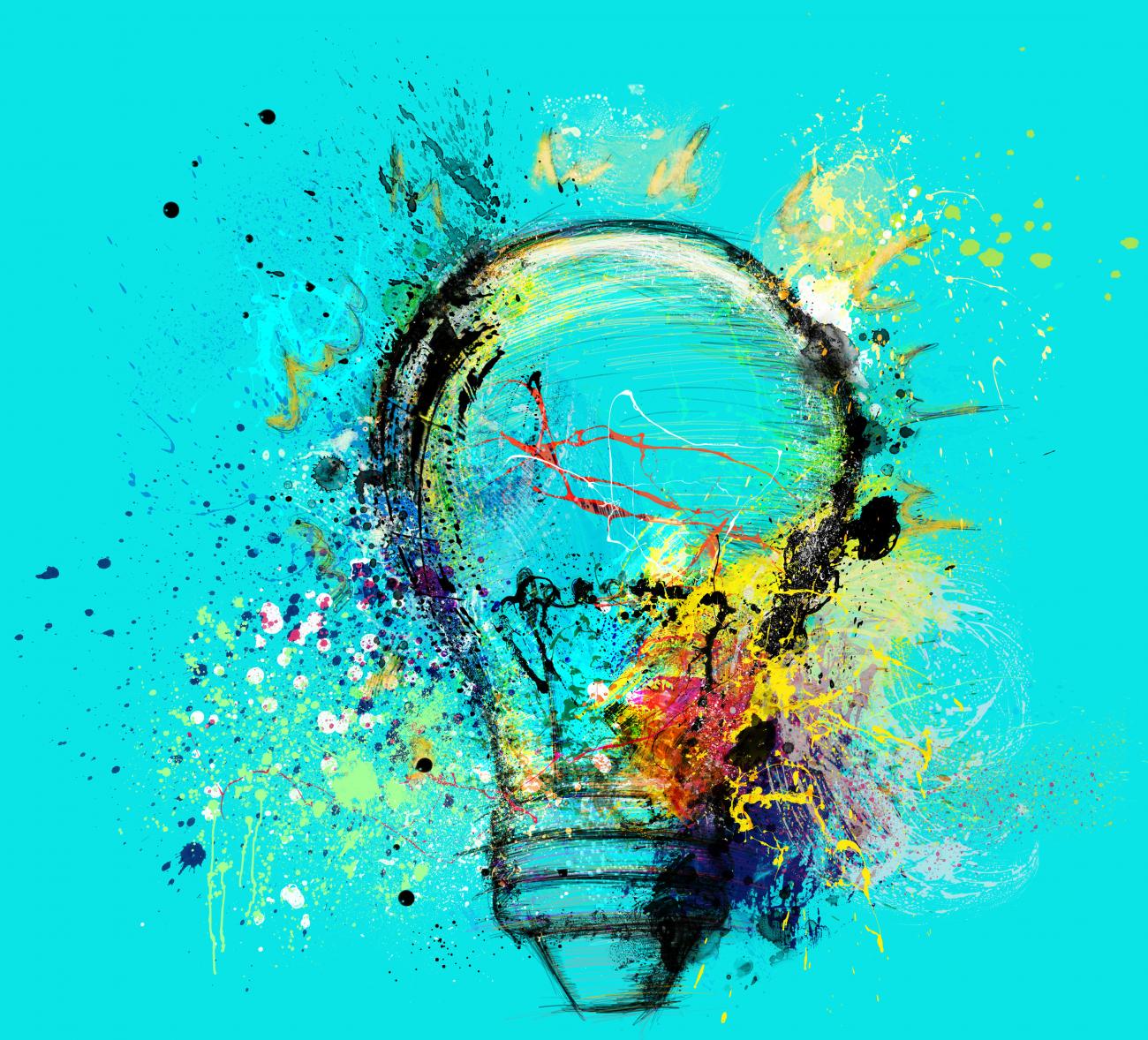 innovation, creativity, imagination concept - lightbulb exploding with colors