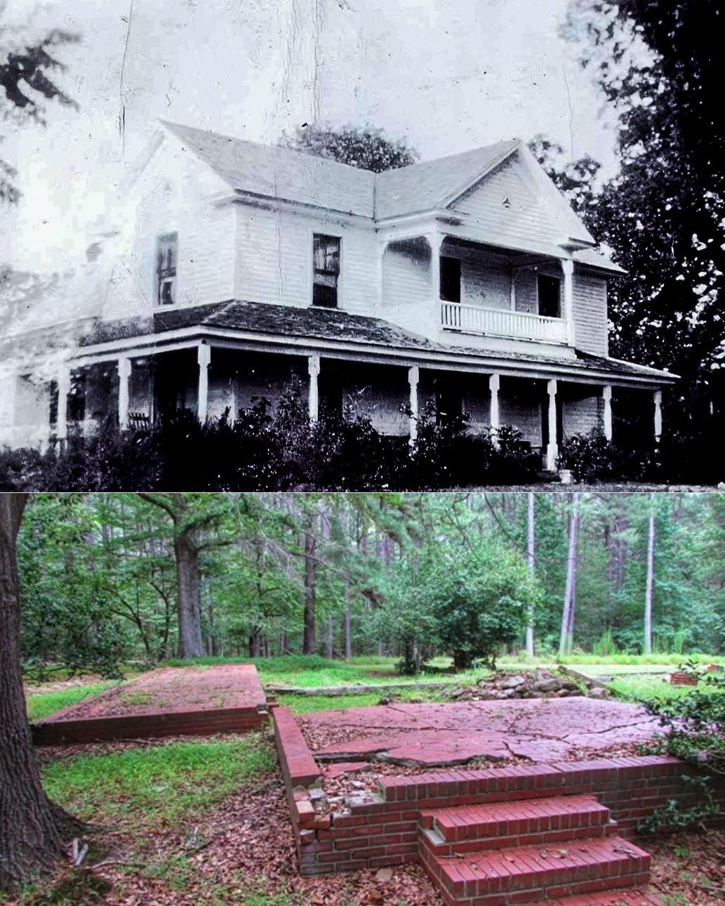 A photo showing the Womble family home as it appeared in 1920 and the only remnants today, the brick foundation