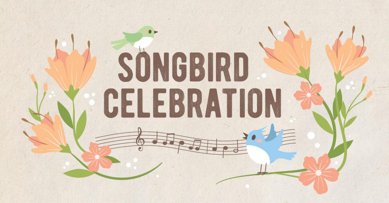 Songbird Celebration event banner in beige with pastel birds