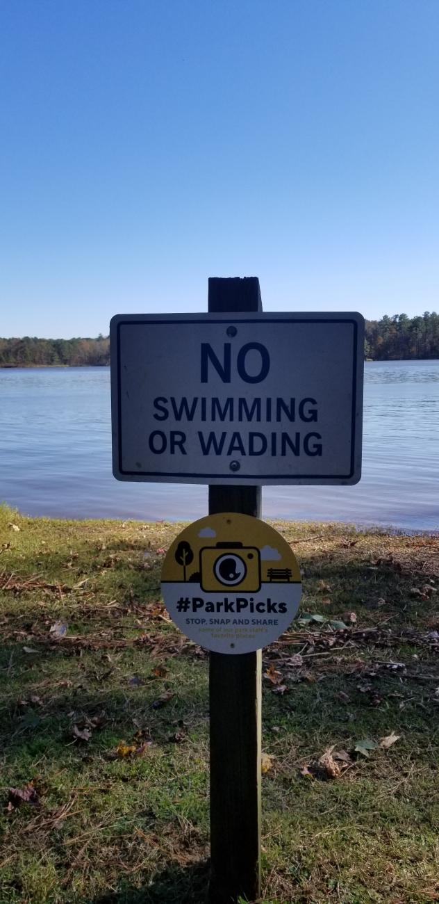 Photo of the "Park Picks" Selfie Station sign at Harris Lake County Park located behind the restroom building