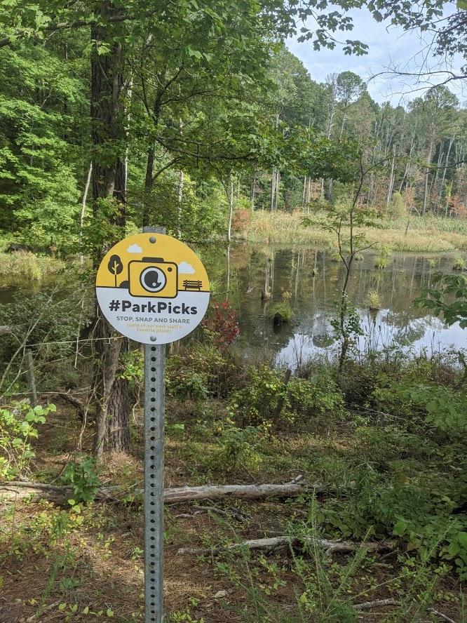 A photo of the Park Picks Selfie Station sign located along the American Tobacco Trail