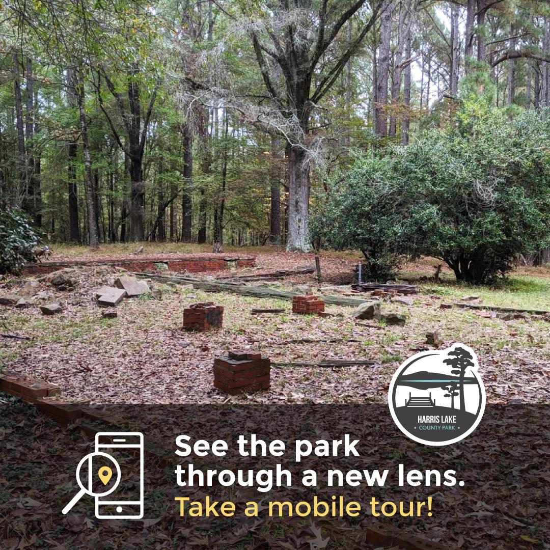 Graphic for the Womble History mobile tour at Harris Lake County Park