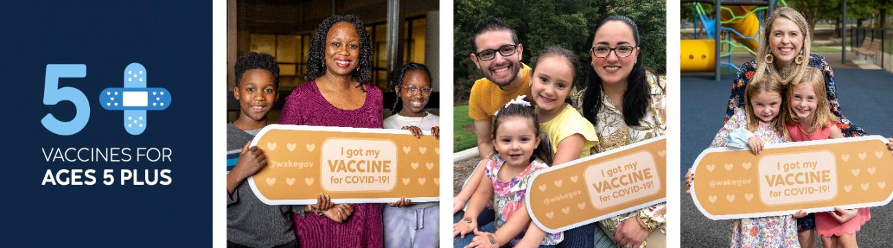 Smiling Families Who Have Been Vaccinated Holding a Giant Bandaid