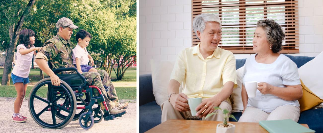 Disabled veteran in wheelchair with kids and senior couple