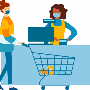 Shopper and cashier with masks on at a grocery store.