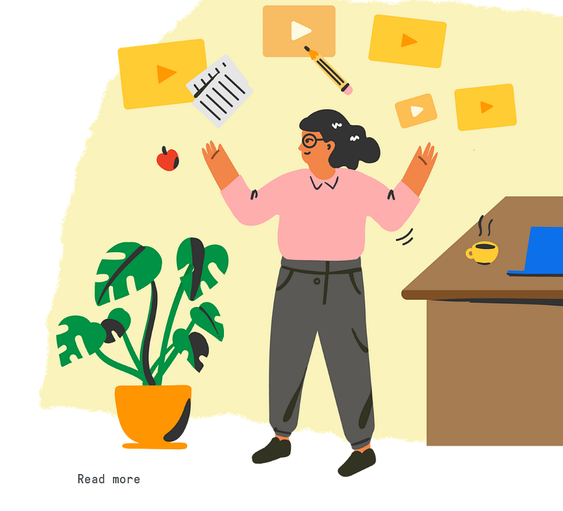 Example of Design for Person, video, desk, coffee, plant, apple, pencil, document, Web Illustrations by edpuzzle-com | Illustration Design