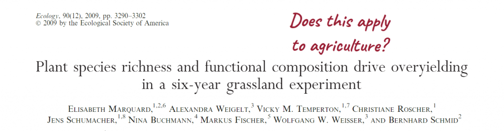 Title of paper "Plant species richness and function composition drive overyielding in a six-year grassland experiment". Note reading "Does this apply to agriculture?"