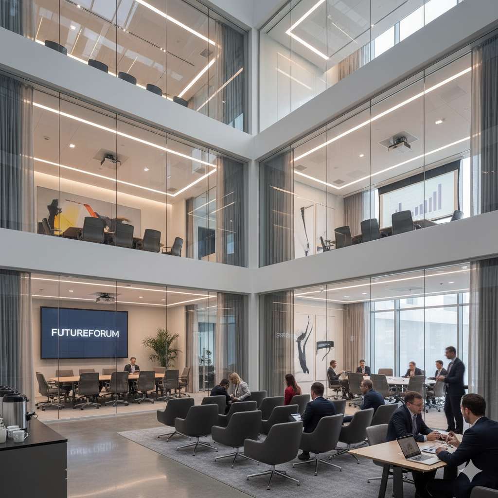 Modern office atrium with meeting rooms
