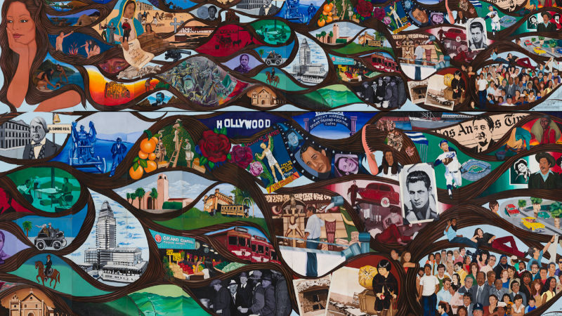 Barbara Carrasco, L.A. History: A Mexican Perspective, 16 ft x 80 ft, mural, acrylic, 1981. ©1981, Barbara Carrasco