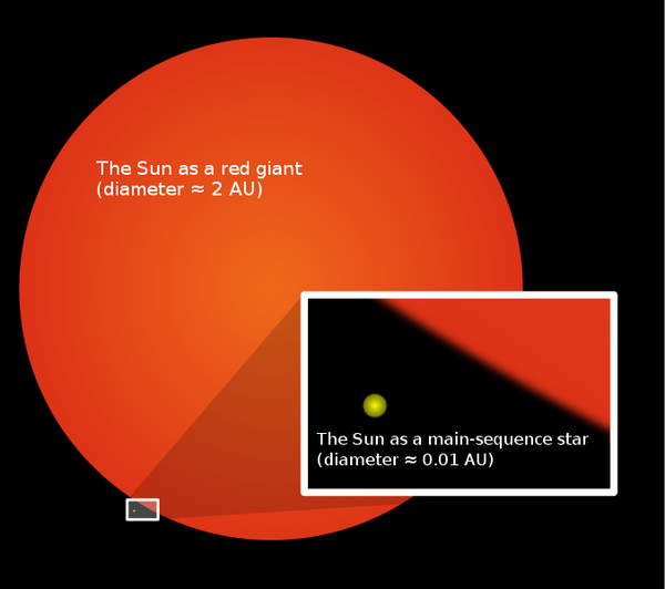 Image showing the Sun as a red giant (diameter approx. 2 AU), with the Sun as a main-sequence star (diameter approx. 0.01 AU) shown for comparison. The main-sequence Sun is a tiny yellow dot in comparison with the Sun as a red giant.