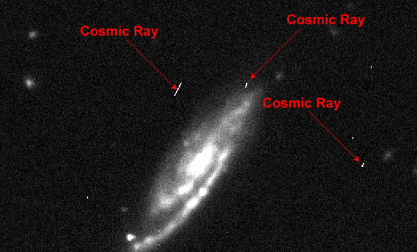 Cosmic rays in a galaxy image.