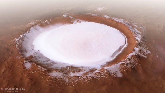 Perspective view of Korolev crater on Mars filled with water ice.