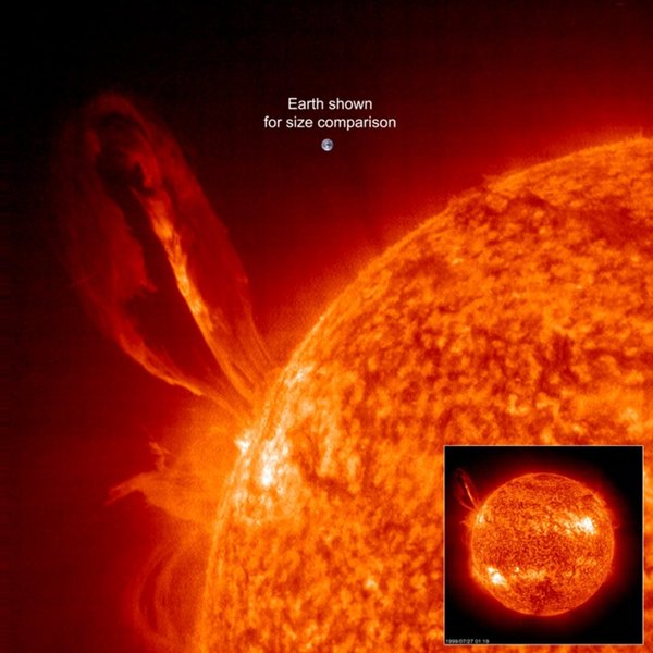Solar eruption with Earth shown for comparison. Eruption is many times larger than Earth.