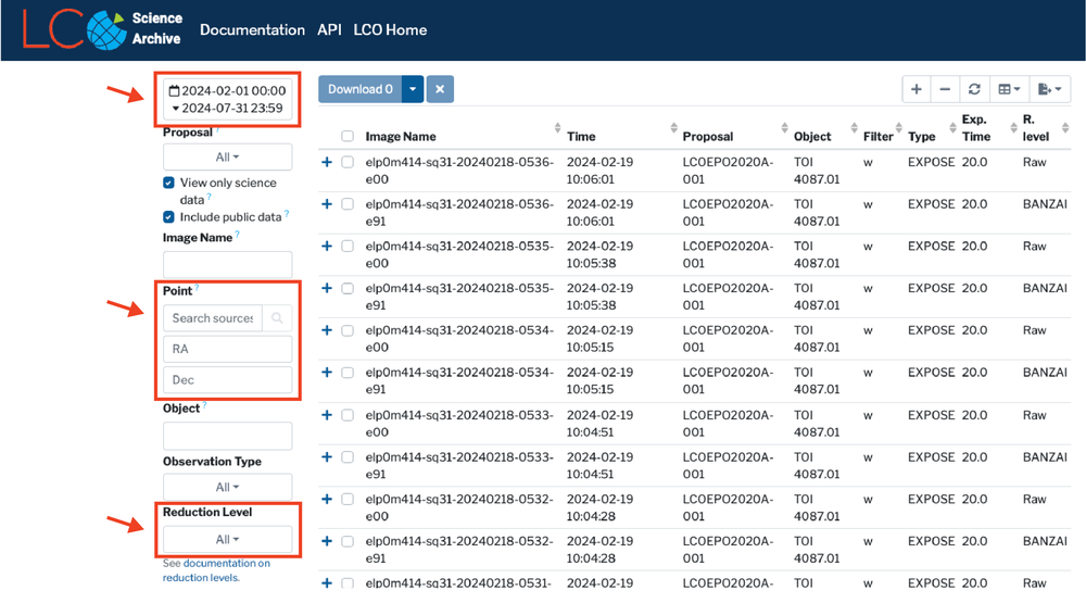 LCO science archive with search inputs highlighted