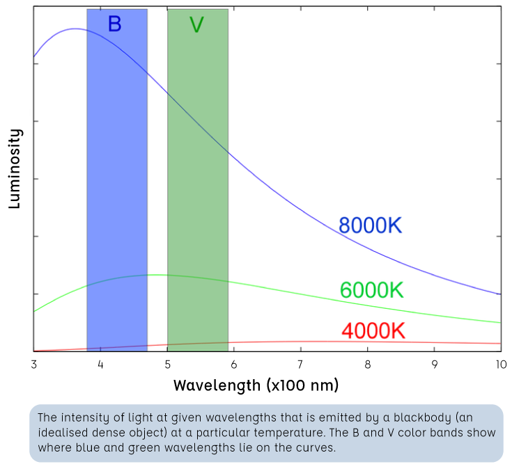Blackbody radiation curve, with luminosity on the y-axis and wavelength on the x-axis. The intensity of light at given wavelengths that is emitted by a blackbody at 3 particular temperatures is shown. At 8000K, the luminosity peaks in the short wavelengths (~350nm) and then drops off. At 6000K, the peak is less pronounced and lies at around 500nm. At 4000K, the curve is very shallow. The B and V color bands are also shown on this plot to indicate where blue and green wavelengths lie on the curves. B-band is around 390-470nm, and V-band is around 500-590nm.