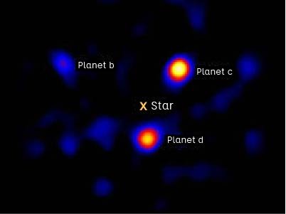 Direct imaging of planets using infrared wavelengths. The planets appear as yellow/red blobs on the dark background. The star is marked in the middle of the image.