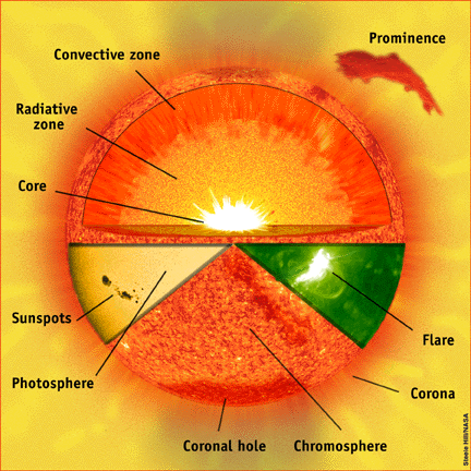 Diagram showing the structure of the Sun. This includes: core at the center, surrounded by a radiative zone and then a convective zone. Sunspots, photosphere, coronal hole, chromosphere, corona, flare, and prominence are also labelled.