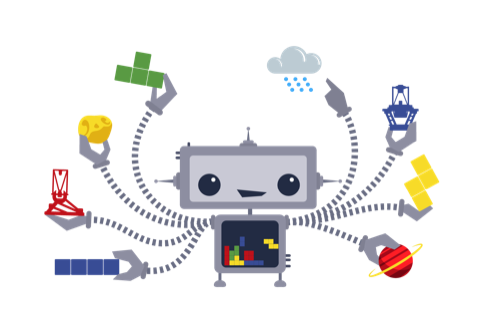 Serol the robot, a representation of LCO's scheduling software. Serol is seen managing multiple things at once - e.g. telescopes, targets and weather.