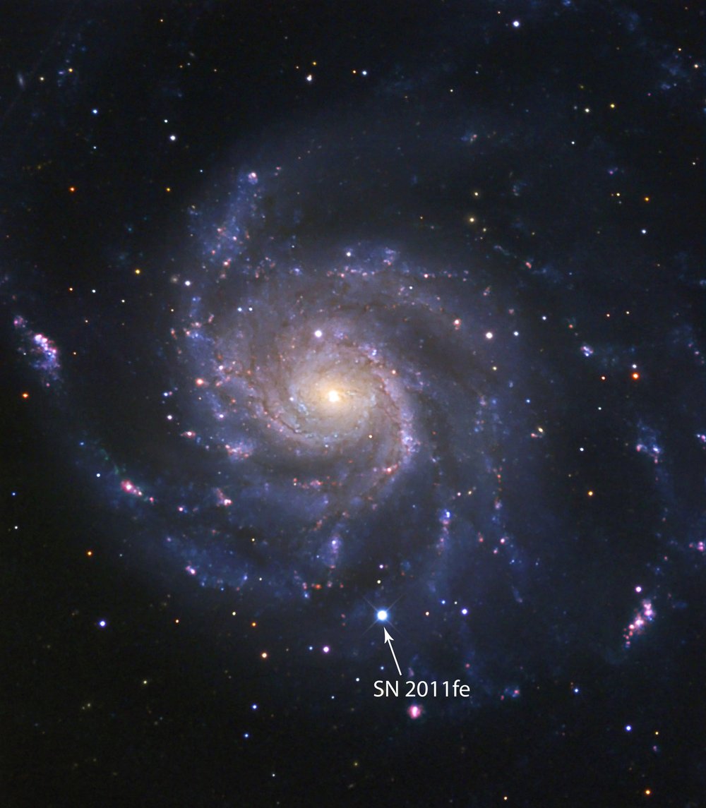 SN 2011fe in the galaxy M101 is a Type Ia supernova, the type used as standard candles. This composite image was created from data taken by Las Cumbres Observatory and the Palomar Transient Factory. Credit: BJ Fulton / LCO / PTF.