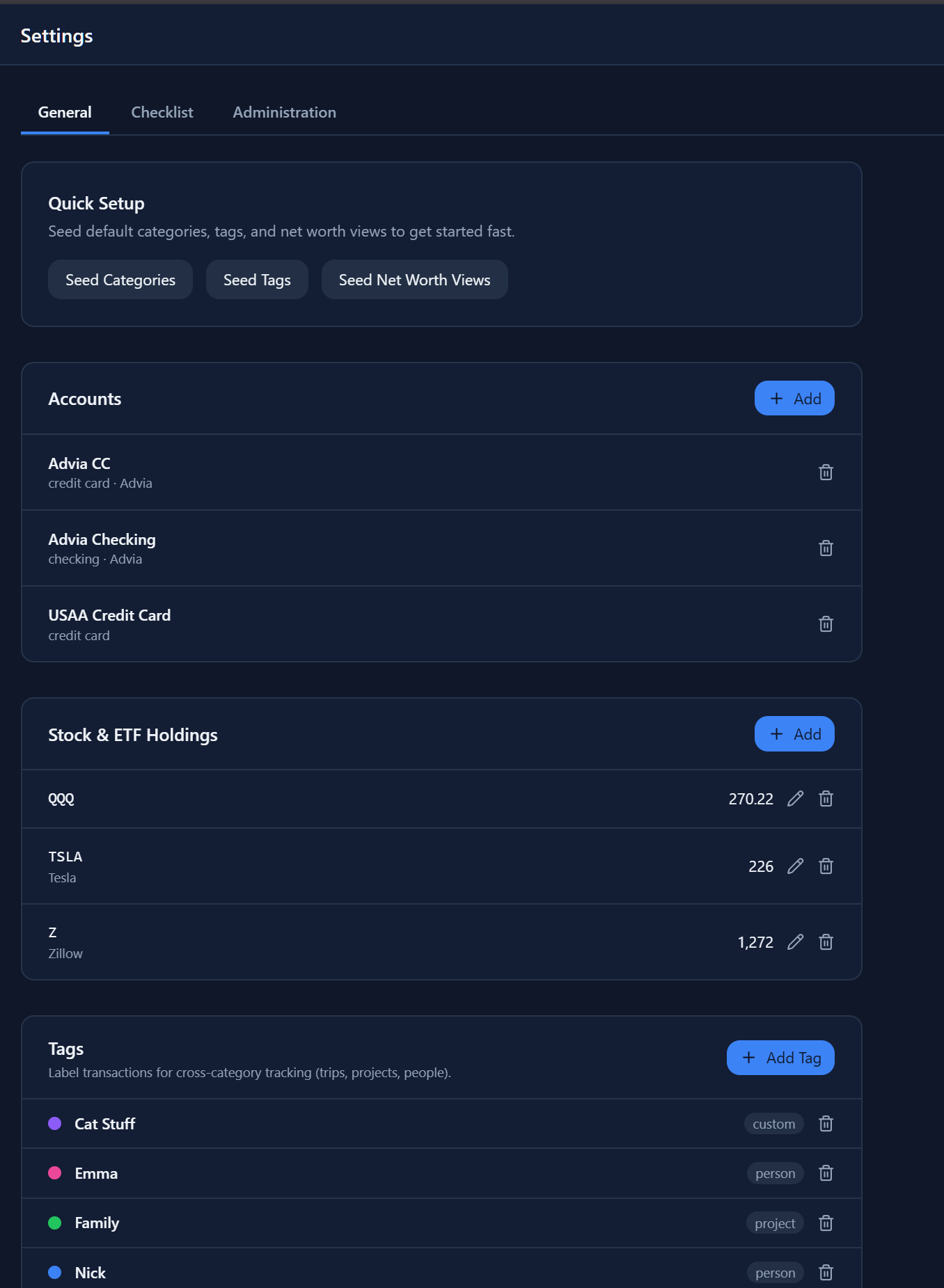 Tally General Settings, Accounts, and Holdings