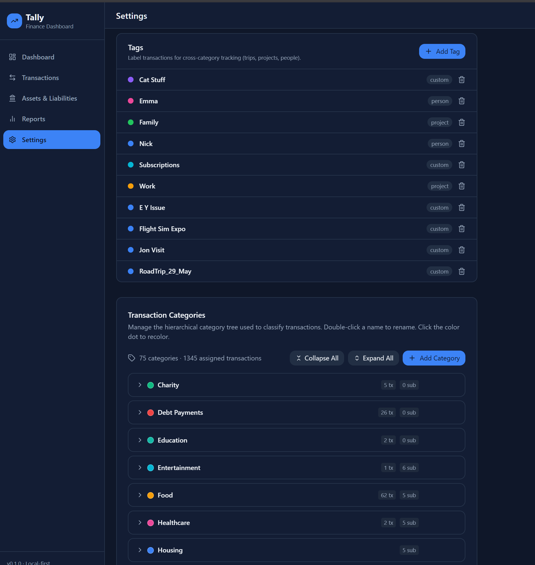 Tally Tags and Transaction Categories